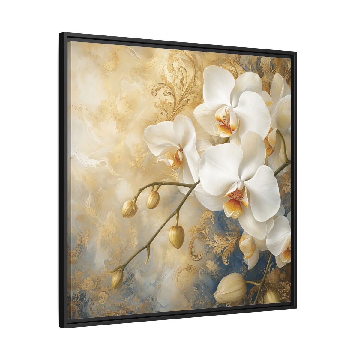 Side Mockup 30. Floral White Orchids White Gold Blue Floral shown as stretched canvas wall art