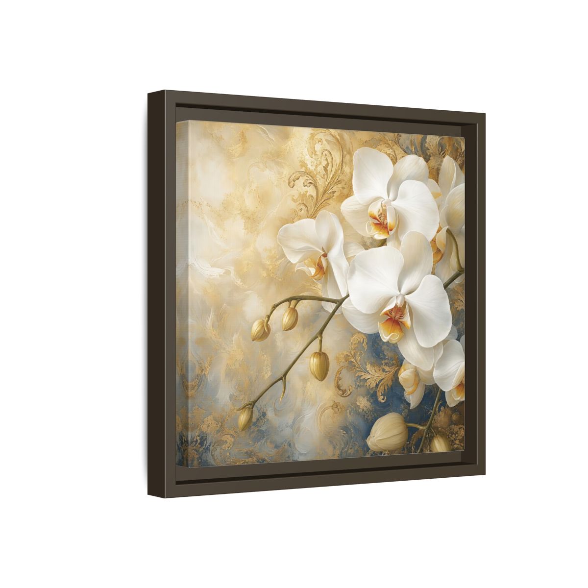 Side Mockup 17. Floral White Orchids White Gold Blue Floral shown as stretched canvas wall art