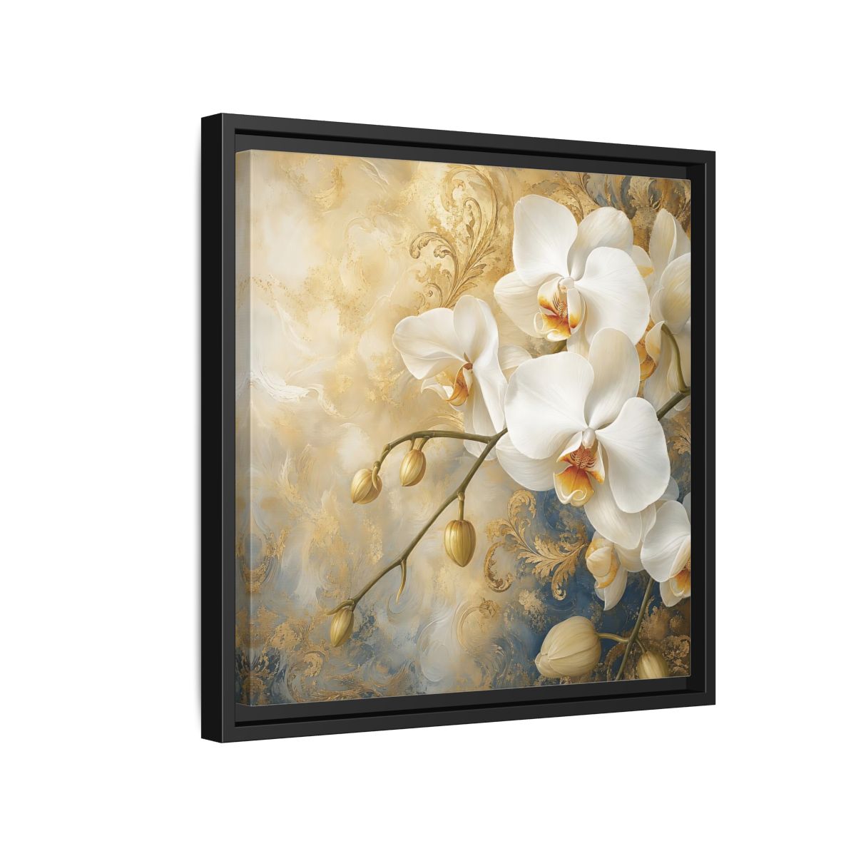 Side Mockup 15. Floral White Orchids White Gold Blue Floral shown as stretched canvas wall art