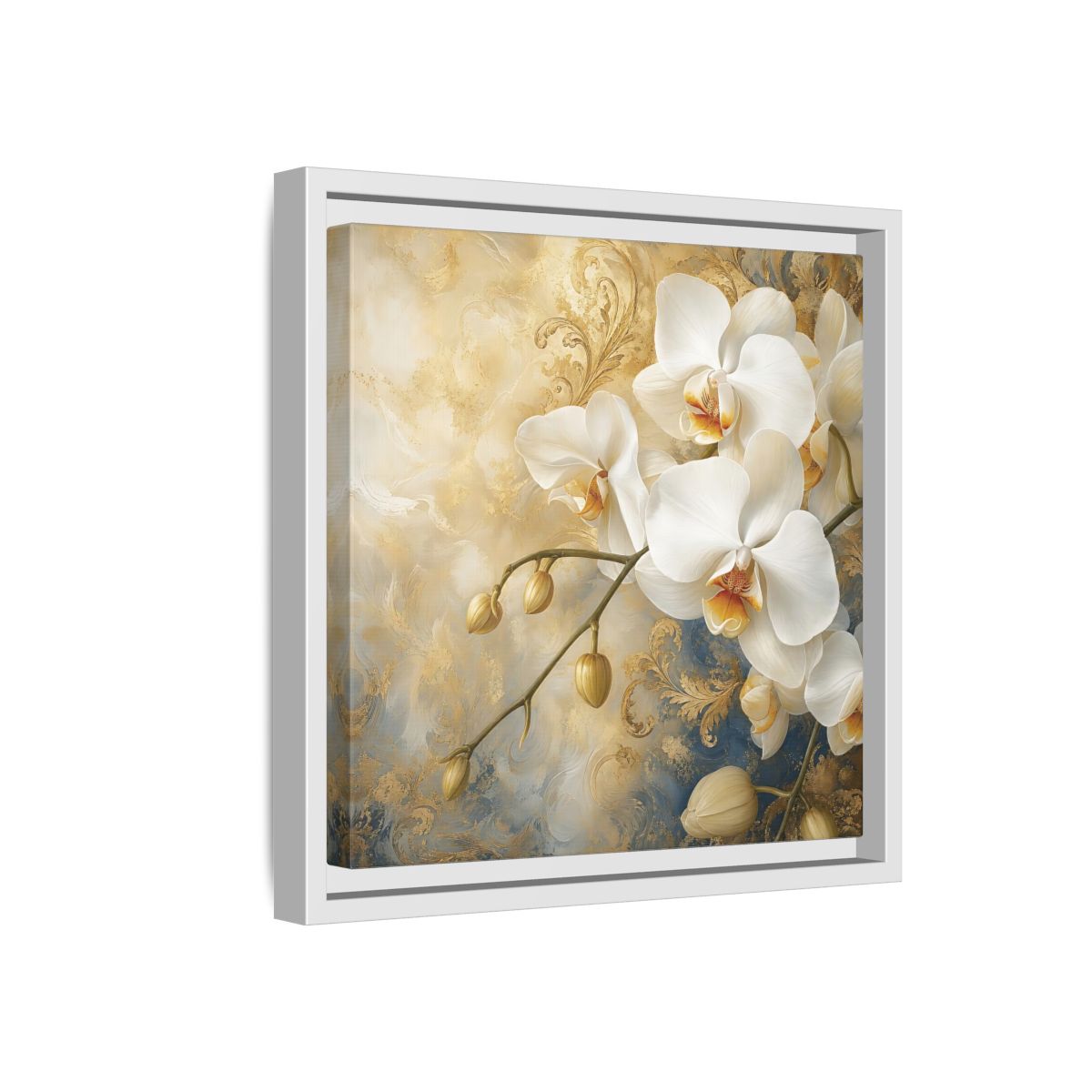 Side Mockup 16. Floral White Orchids White Gold Blue Floral shown as stretched canvas wall art