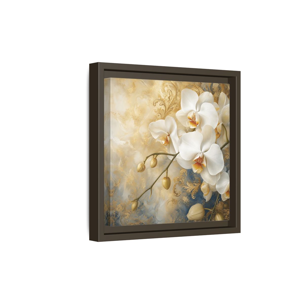 Side Mockup 20. Floral White Orchids White Gold Blue Floral shown as stretched canvas wall art