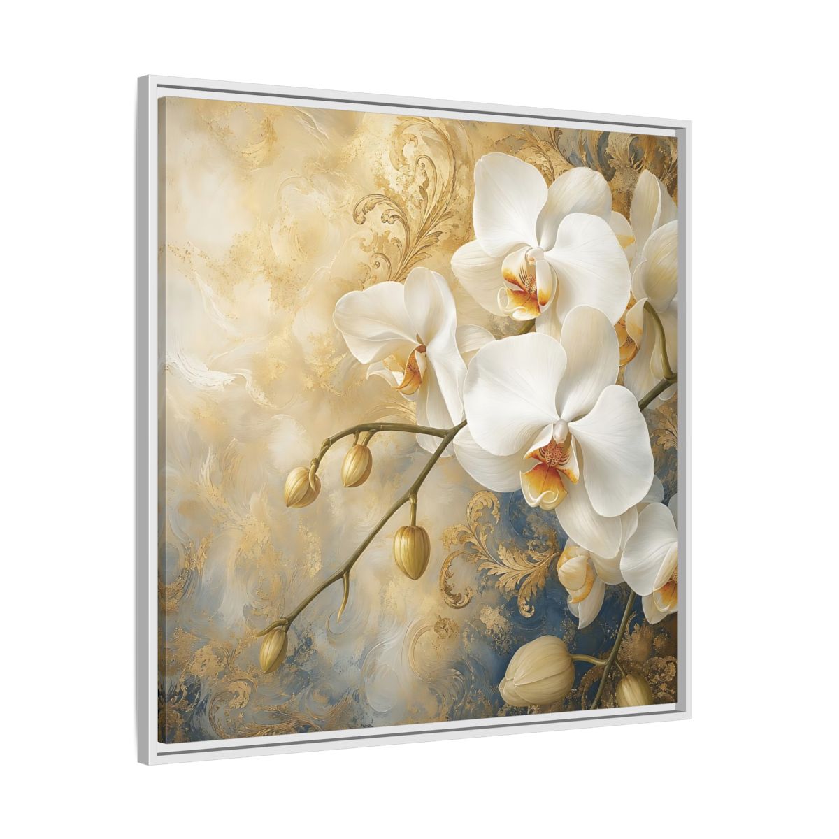 Side Mockup 25. Floral White Orchids White Gold Blue Floral shown as stretched canvas wall art