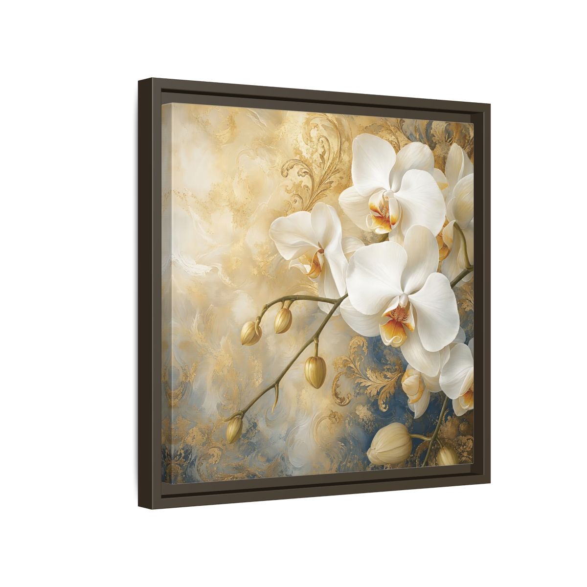 Side Mockup 14. Floral White Orchids White Gold Blue Floral shown as stretched canvas wall art