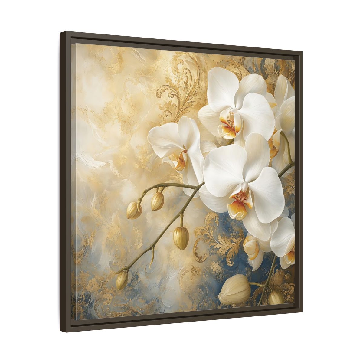 Side Mockup 27. Floral White Orchids White Gold Blue Floral shown as stretched canvas wall art