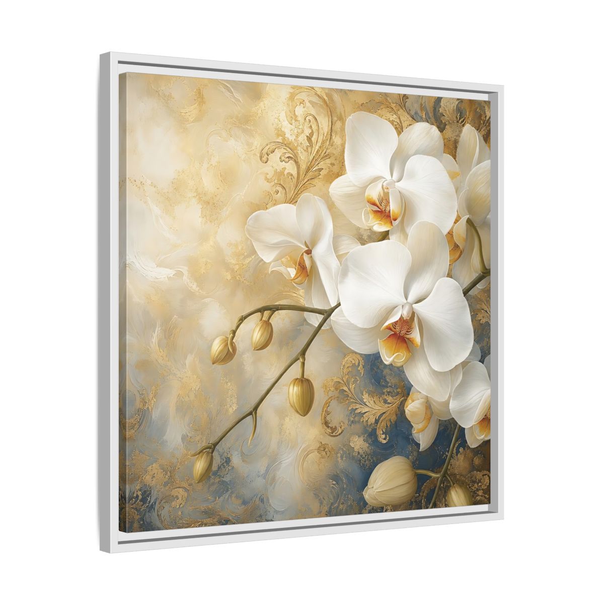 Side Mockup 26. Floral White Orchids White Gold Blue Floral shown as stretched canvas wall art