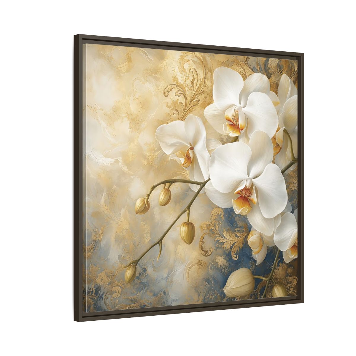 Side Mockup 8. Floral White Orchids White Gold Blue Floral shown as stretched canvas wall art