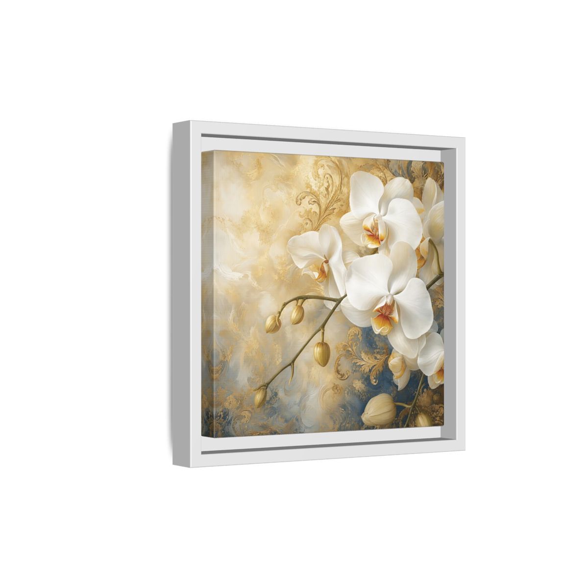 Side Mockup 19. Floral White Orchids White Gold Blue Floral shown as stretched canvas wall art