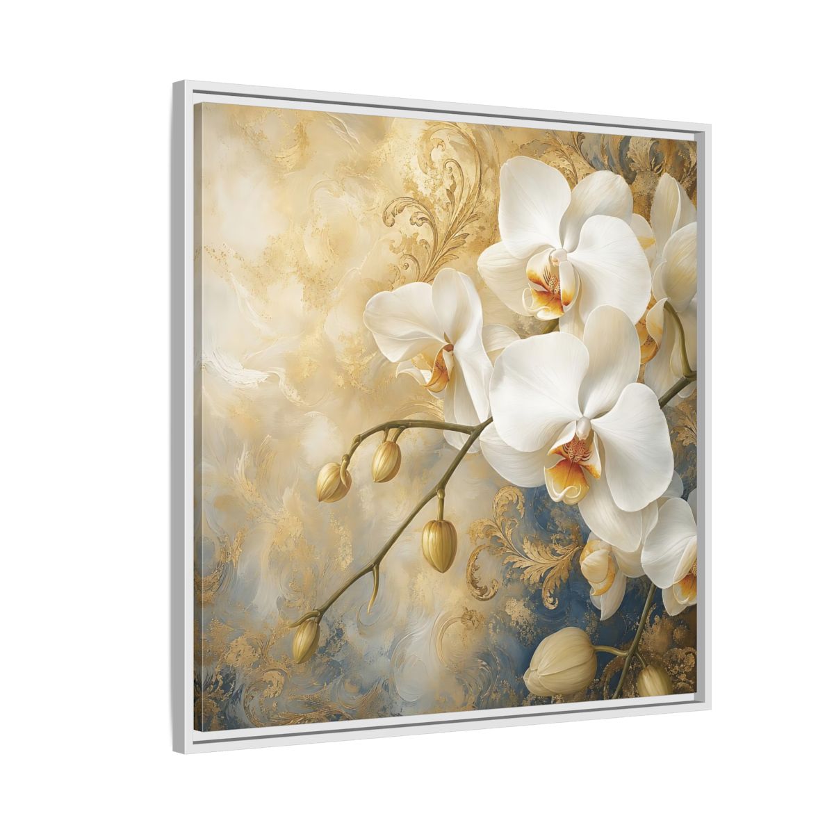 Side Mockup 7. Floral White Orchids White Gold Blue Floral shown as stretched canvas wall art