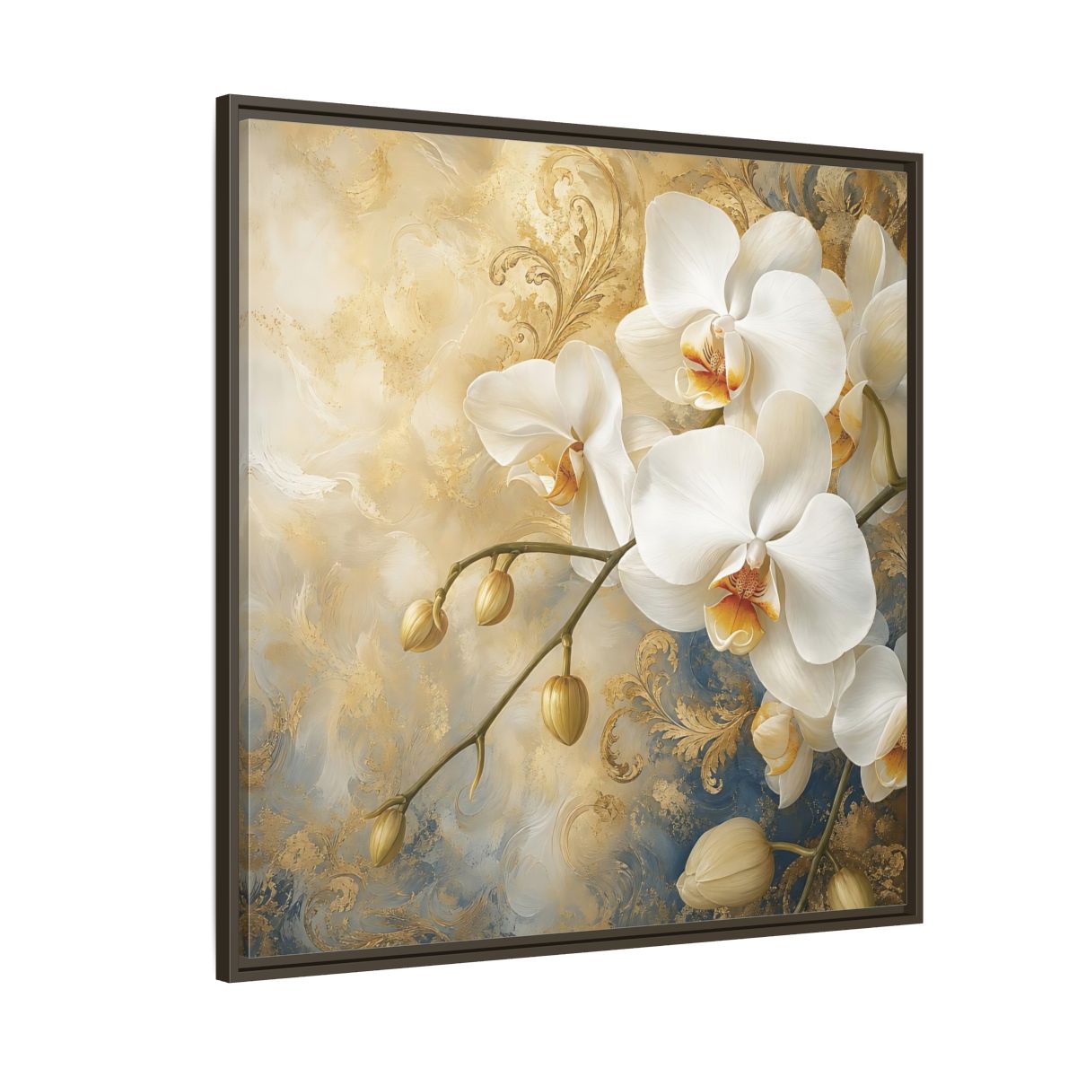 Side Mockup 5. Floral White Orchids White Gold Blue Floral shown as stretched canvas wall art