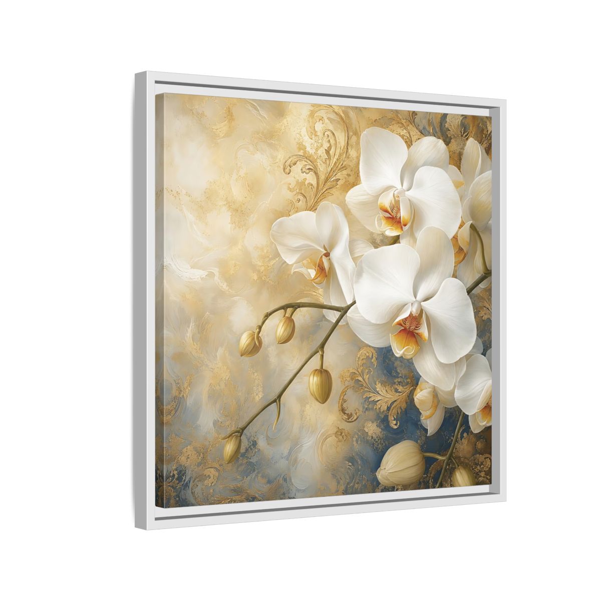 Side Mockup 10. Floral White Orchids White Gold Blue Floral shown as stretched canvas wall art