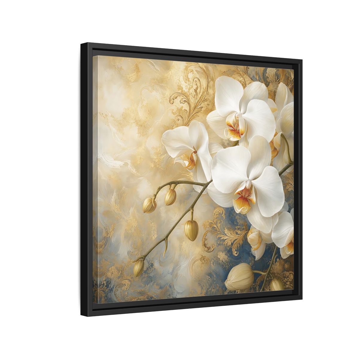 Side Mockup 12. Floral White Orchids White Gold Blue Floral shown as stretched canvas wall art