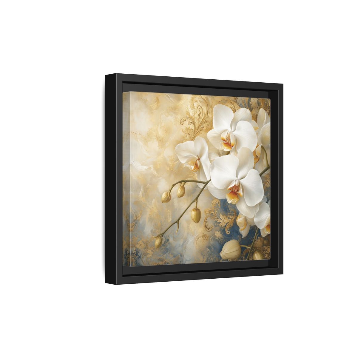 Side Mockup 21. Floral White Orchids White Gold Blue Floral shown as stretched canvas wall art