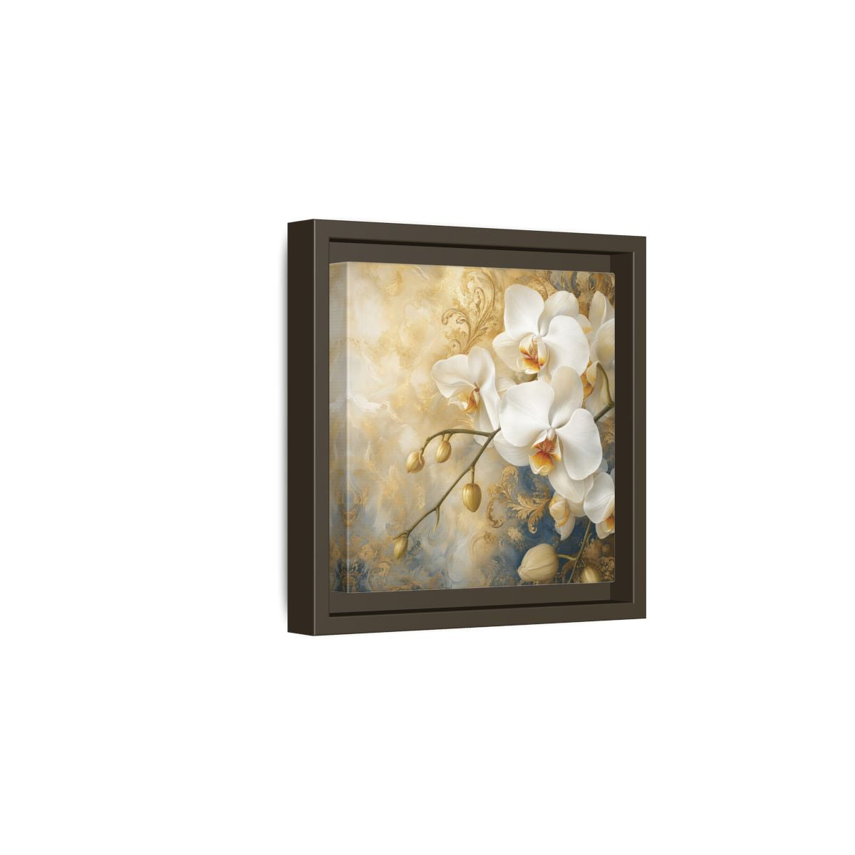 Side Mockup 2. Floral White Orchids White Gold Blue Floral shown as stretched canvas wall art