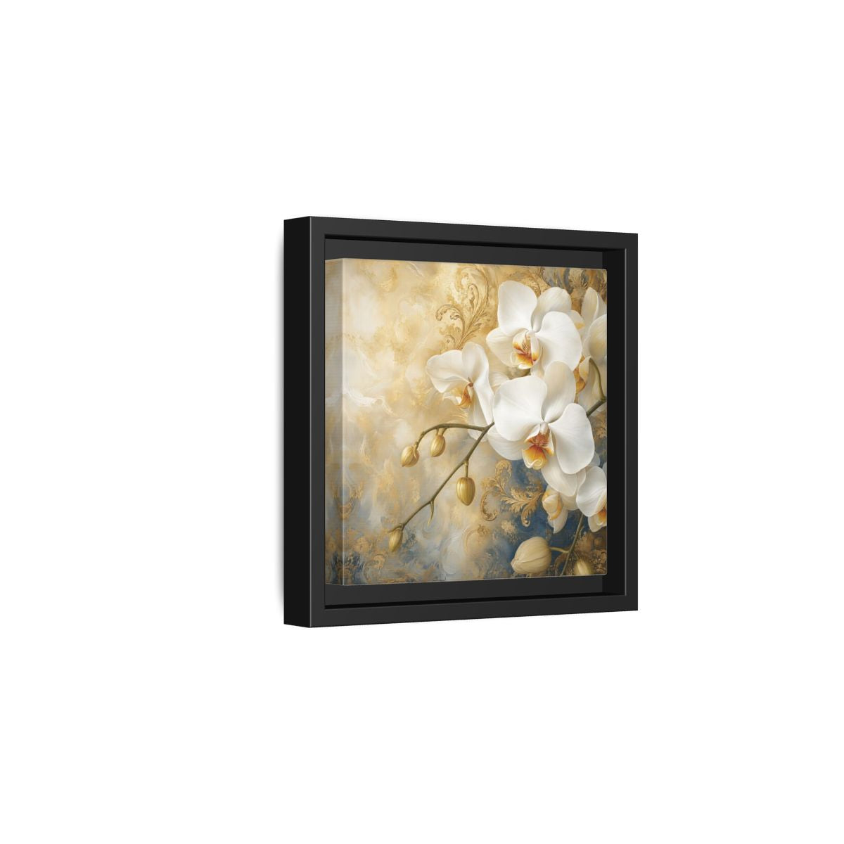 Side Mockup 3. Floral White Orchids White Gold Blue Floral shown as stretched canvas wall art