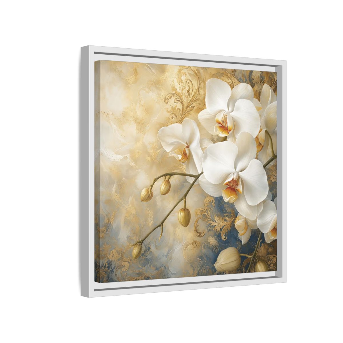 Side Mockup 13. Floral White Orchids White Gold Blue Floral shown as stretched canvas wall art