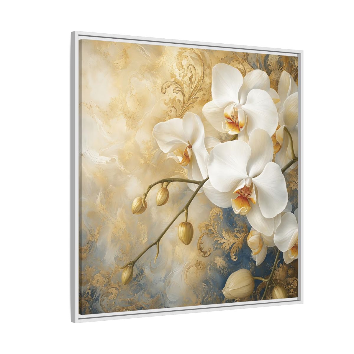 Side Mockup 4. Floral White Orchids White Gold Blue Floral shown as stretched canvas wall art