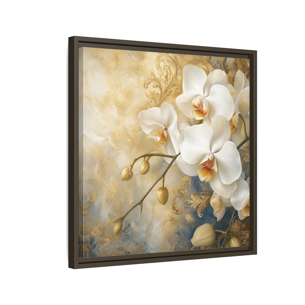 Side Mockup 11. Floral White Orchids White Gold Blue Floral shown as stretched canvas wall art