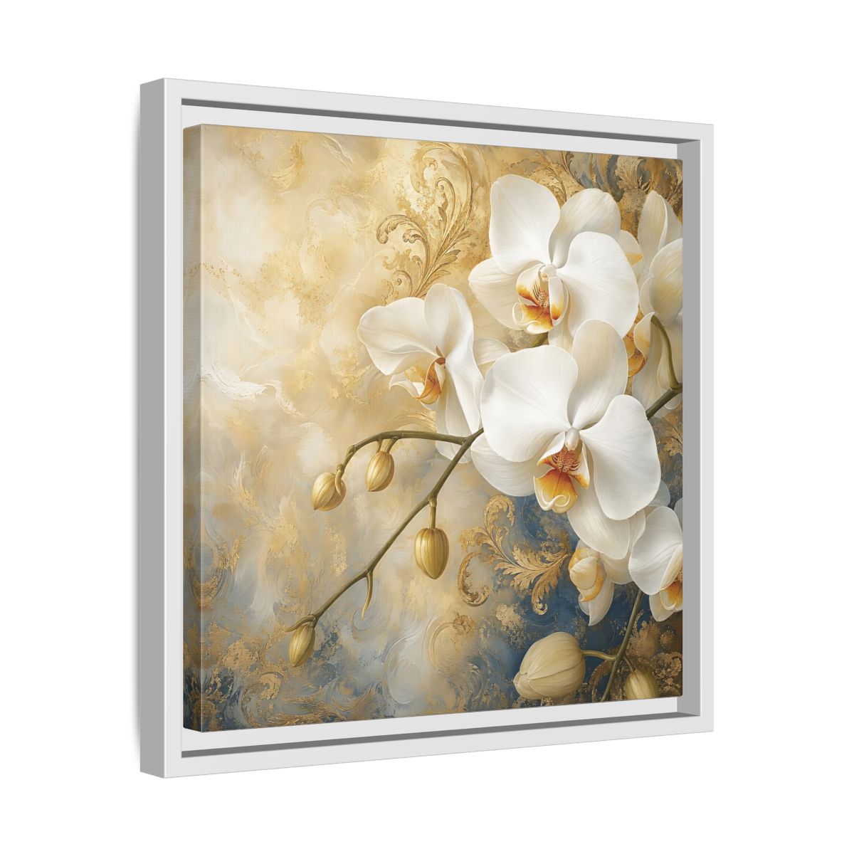 Side Mockup 28. Floral White Orchids White Gold Blue Floral shown as stretched canvas wall art