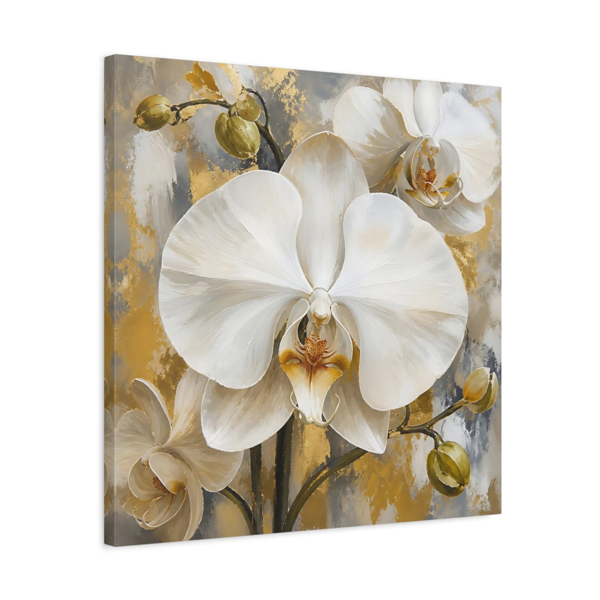 Side Mockup 4. Floral White Orchids White Gold Orchids shown as stretched canvas wall art