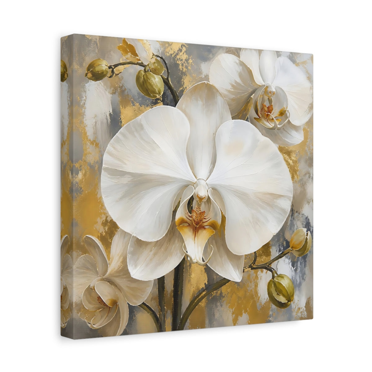 Side Mockup 8. Floral White Orchids White Gold Orchids shown as stretched canvas wall art