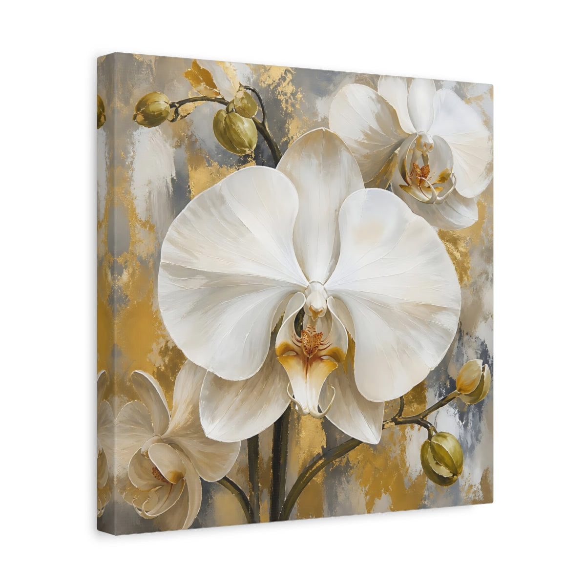 Side Mockup 7. Floral White Orchids White Gold Orchids shown as stretched canvas wall art