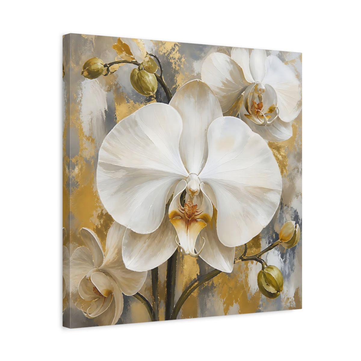Side Mockup 5. Floral White Orchids White Gold Orchids shown as stretched canvas wall art