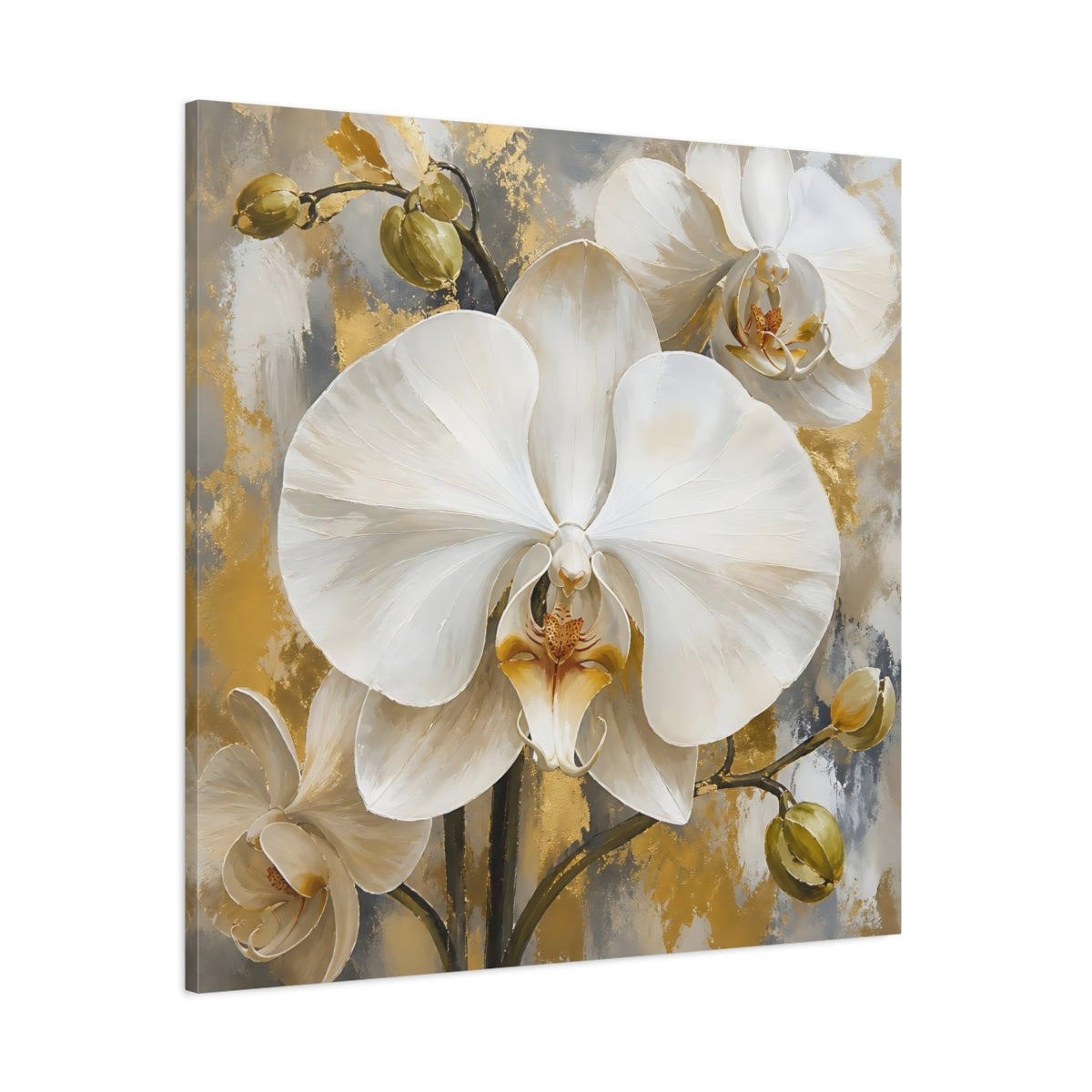 Side Mockup 1. Floral White Orchids White Gold Orchids shown as stretched canvas wall art