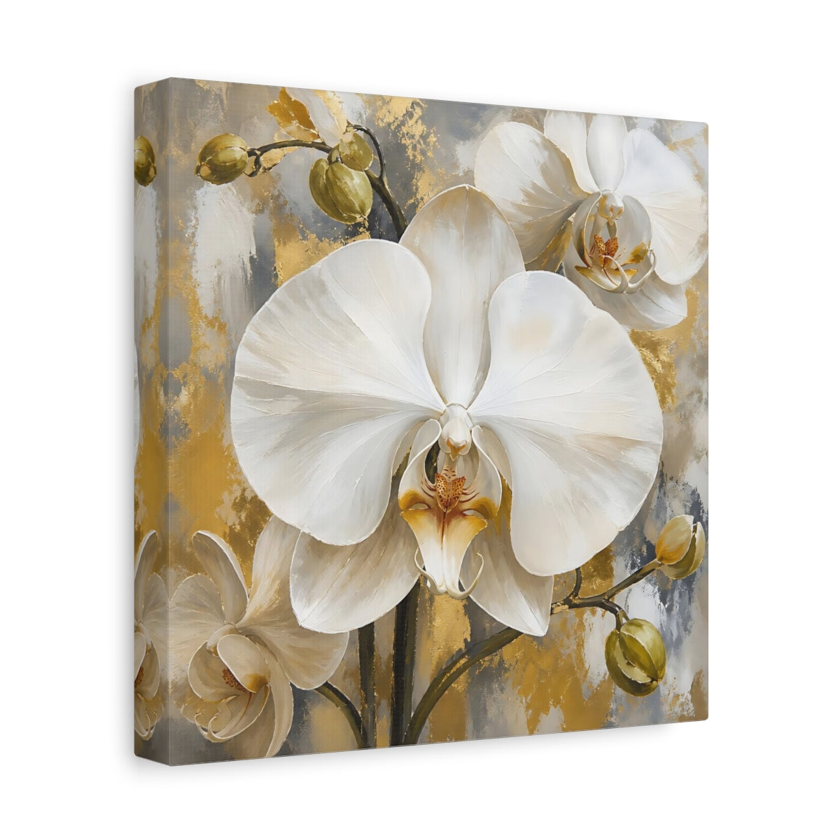 Side Mockup 9. Floral White Orchids White Gold Orchids shown as stretched canvas wall art