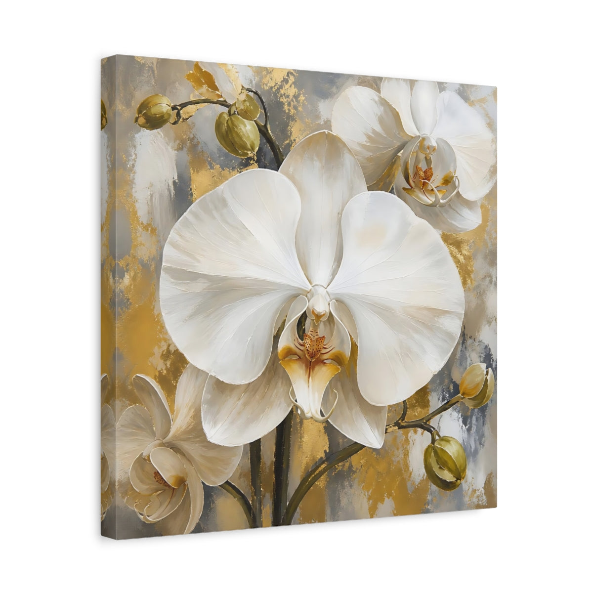 Side Mockup 6. Floral White Orchids White Gold Orchids shown as stretched canvas wall art
