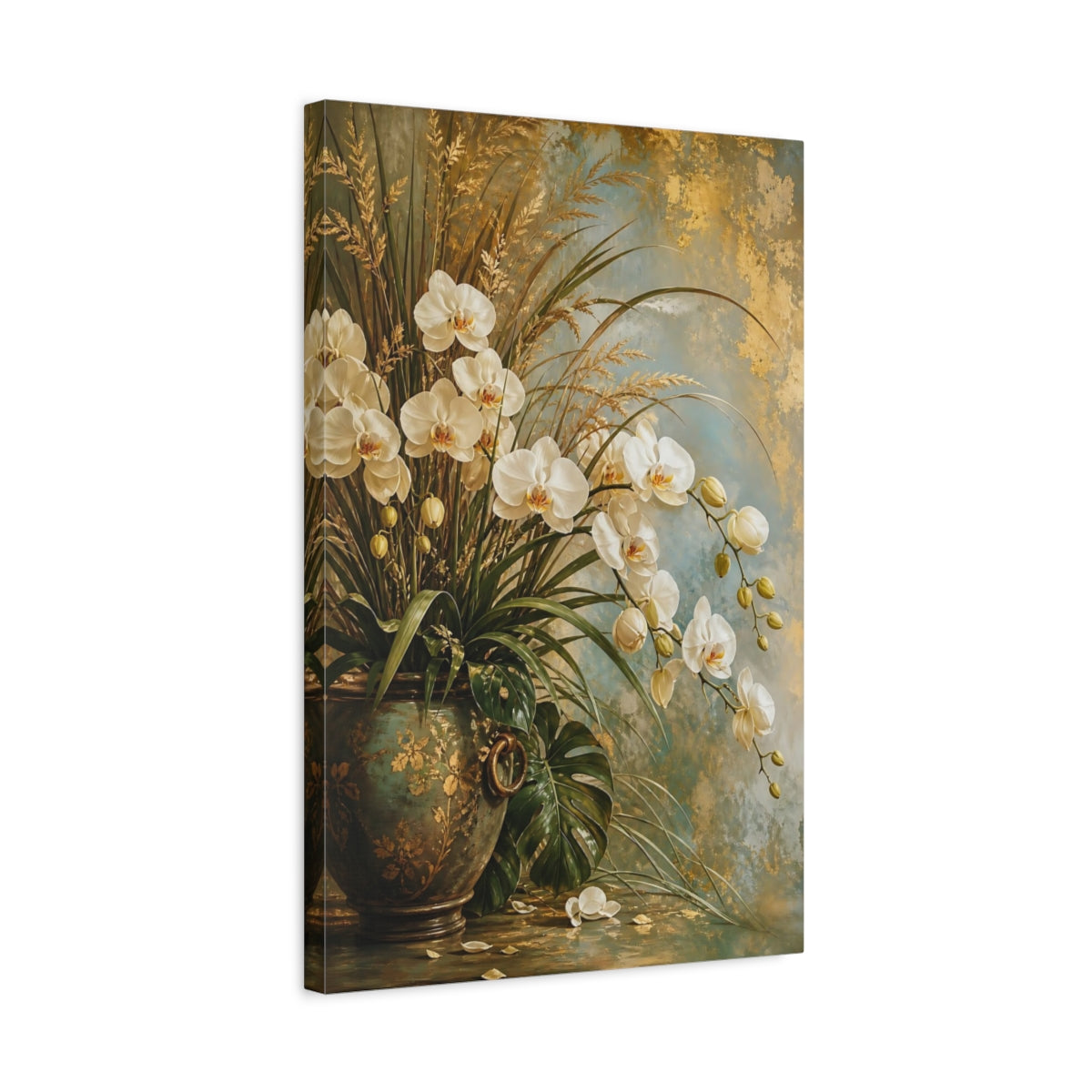Side Mockup 3. Floral White Orchids White Orchids Gold shown as stretched canvas wall art