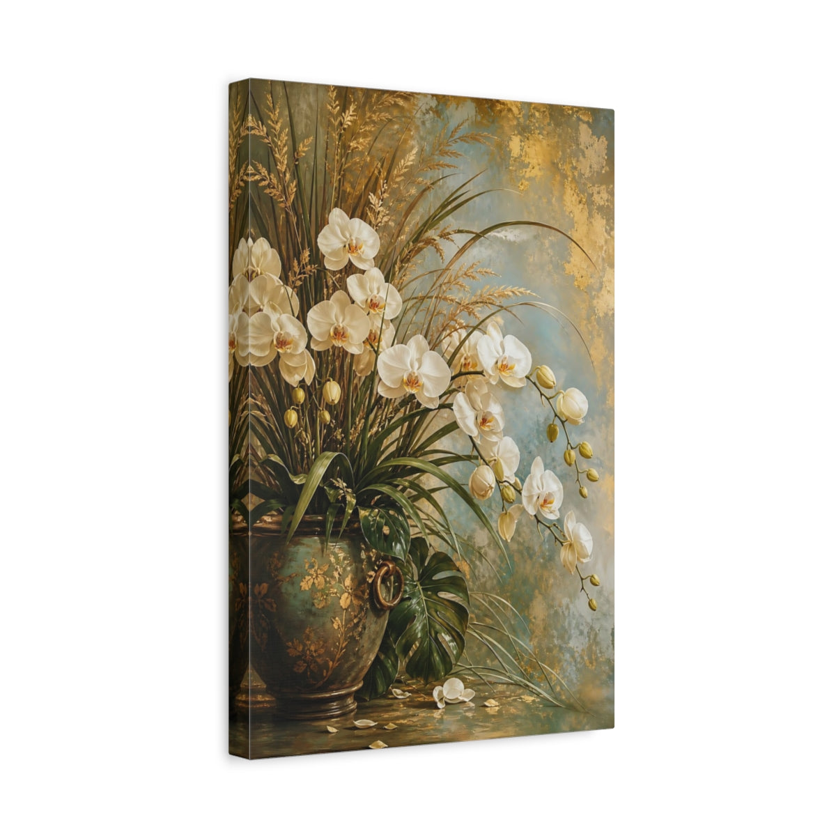 Side Mockup 4. Floral White Orchids White Orchids Gold shown as stretched canvas wall art
