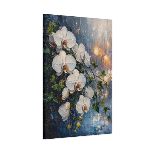 Main Mockup. Floral White Orchids White And Blue Floral shown as stretched canvas wall art