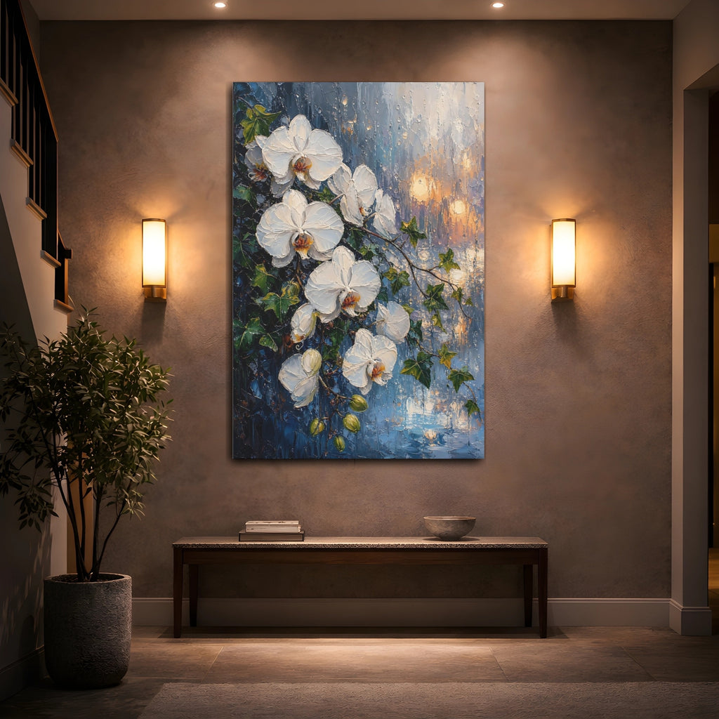 Mockup 2. Floral White Orchids White And Blue Floral shown as stretched canvas wall art