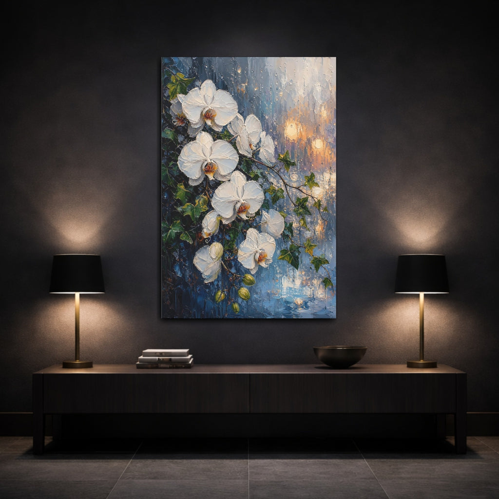 Mockup 3. Floral White Orchids White And Blue Floral shown as stretched canvas wall art
