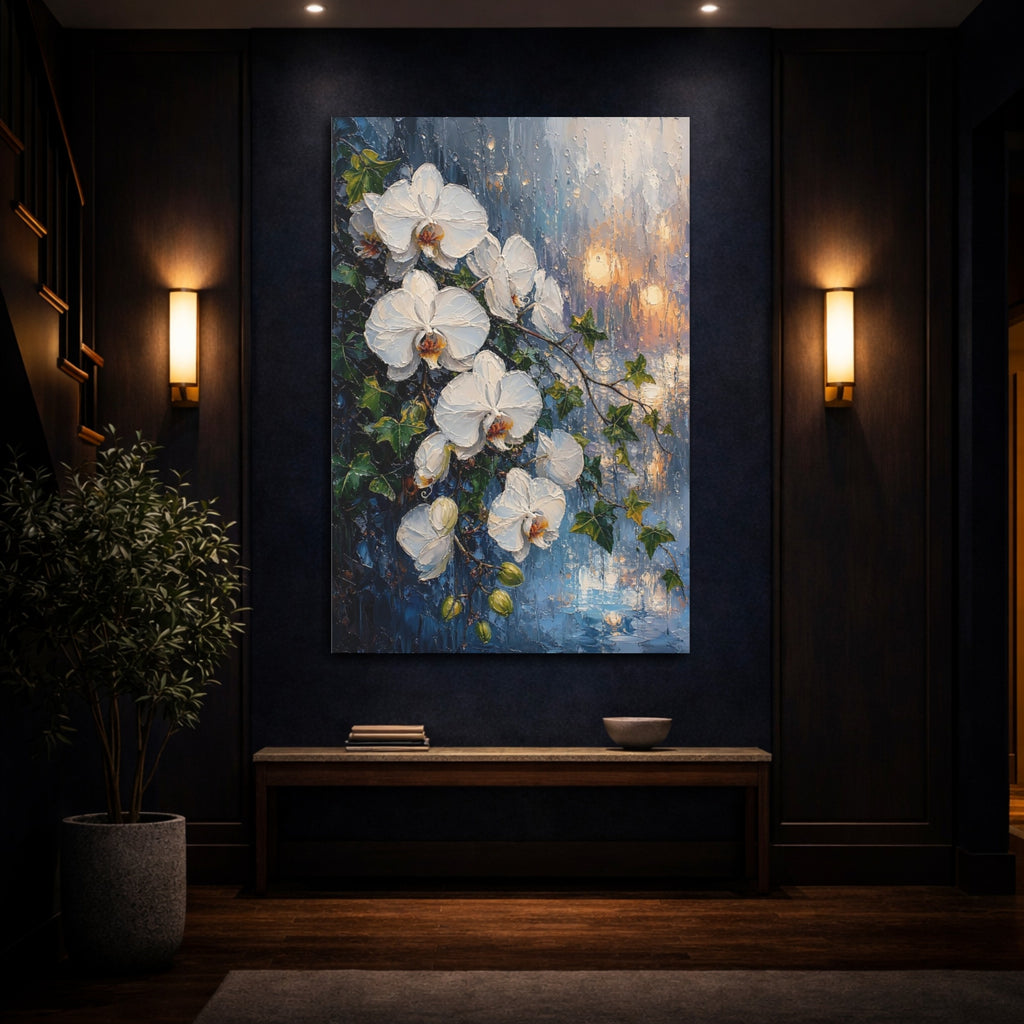 Mockup 4. Floral White Orchids White And Blue Floral shown as stretched canvas wall art