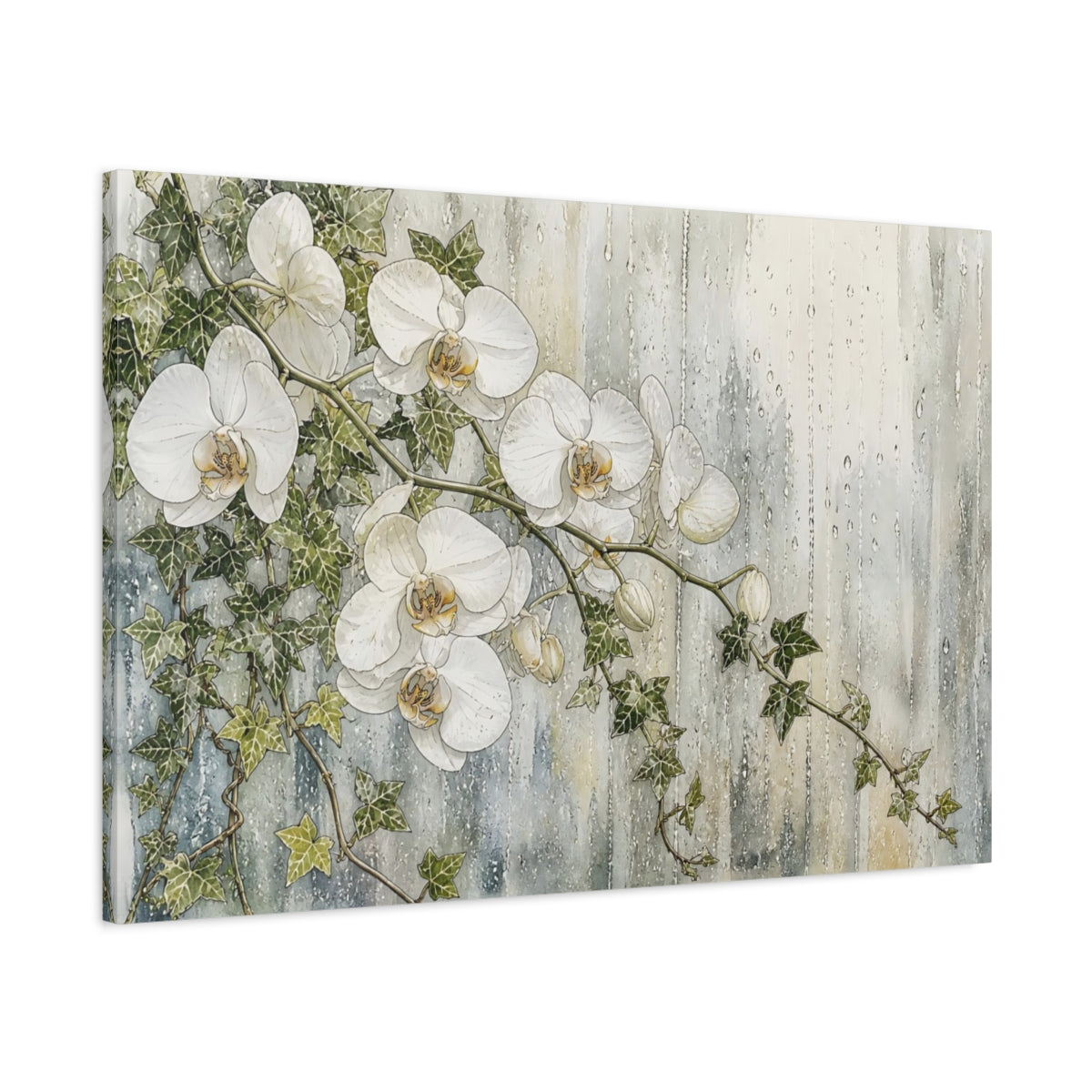 Main Mockup. Floral White Orchids White And Green shown as stretched canvas wall art