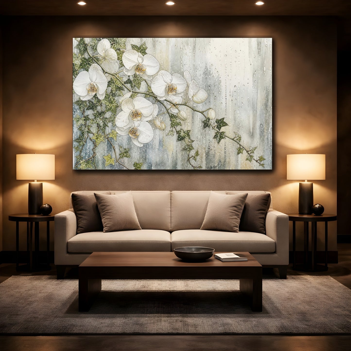 Mockup 2. Floral White Orchids White And Green shown as stretched canvas wall art