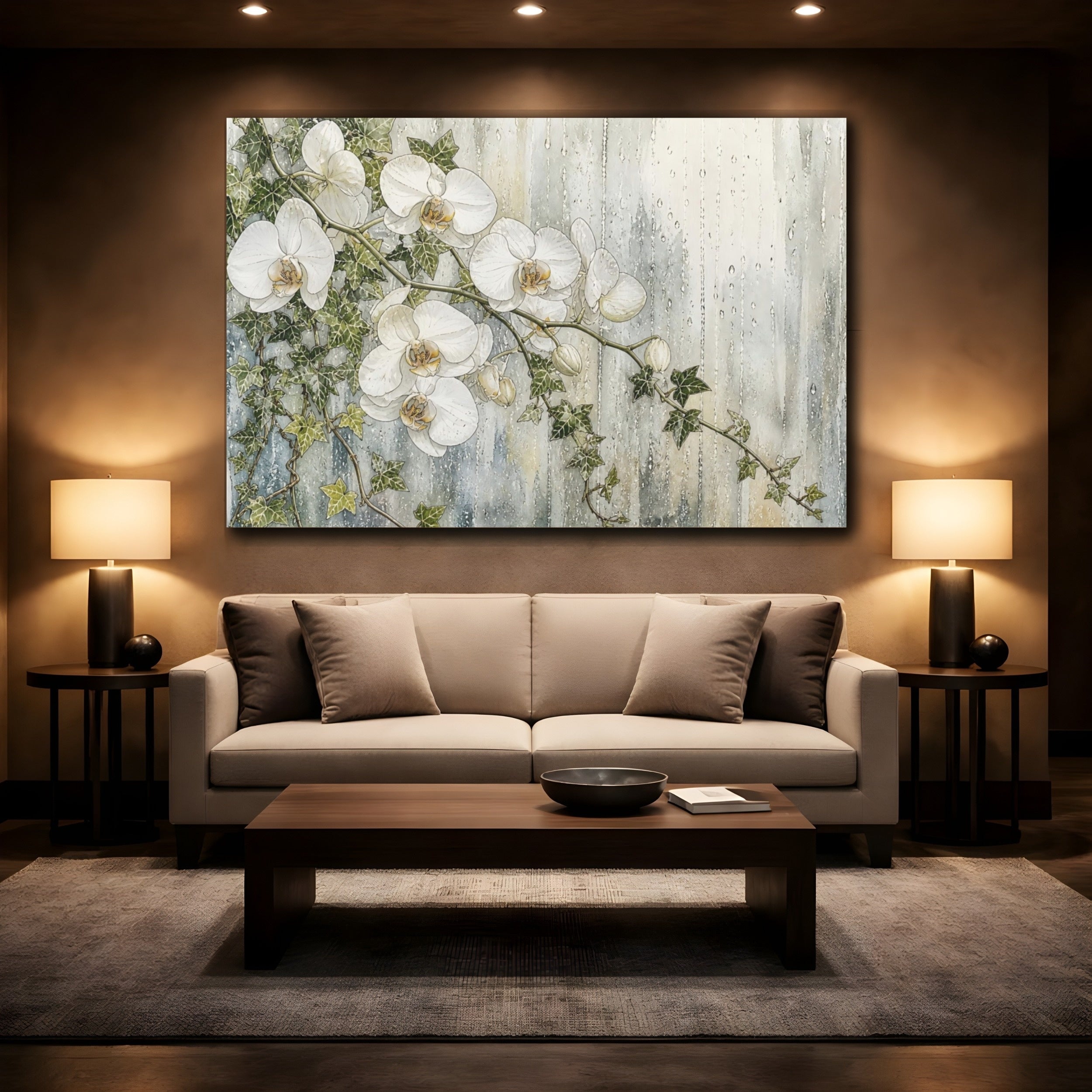 Mockup 2. Floral White Orchids White And Green shown as stretched canvas wall art