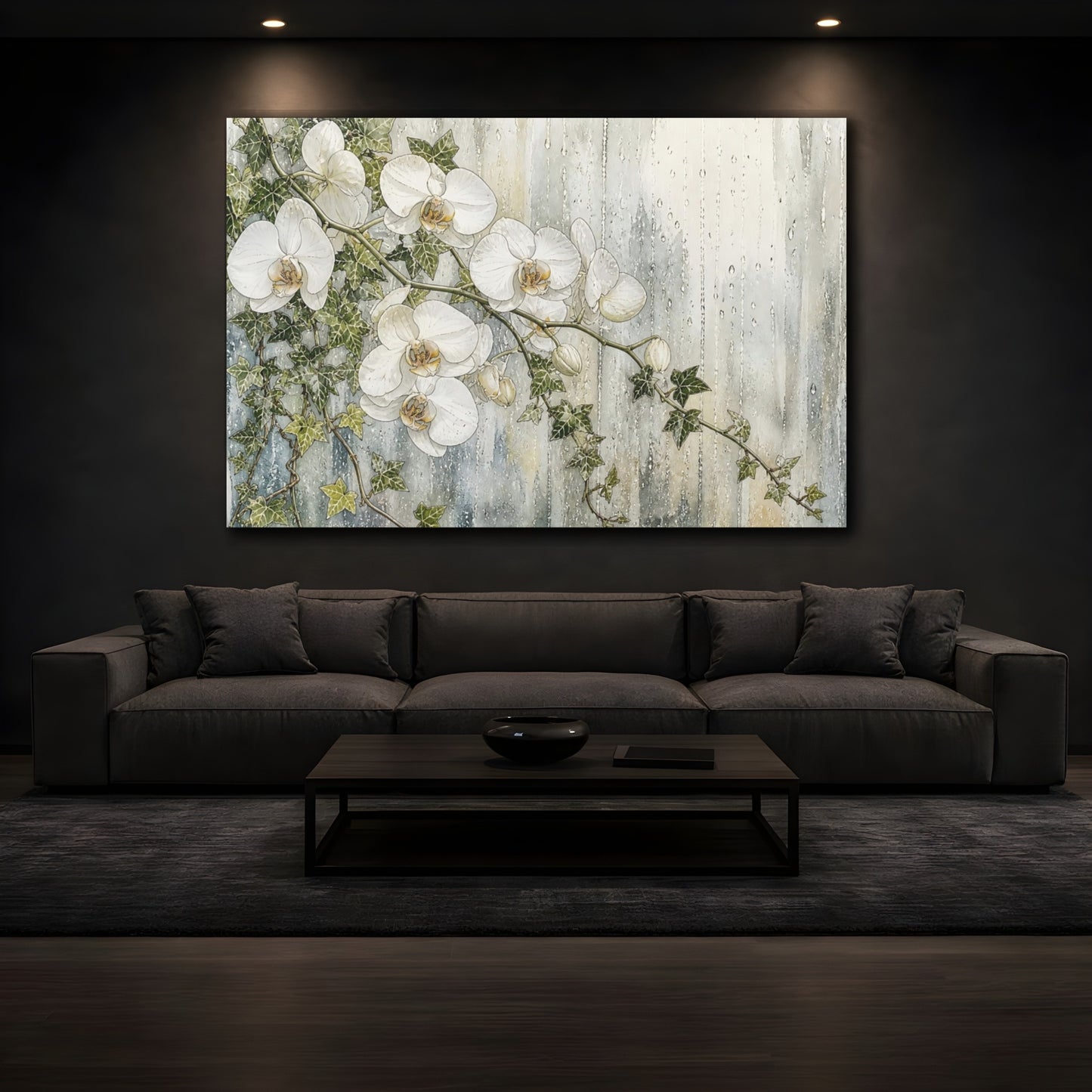 Mockup 3. Floral White Orchids White And Green shown as stretched canvas wall art