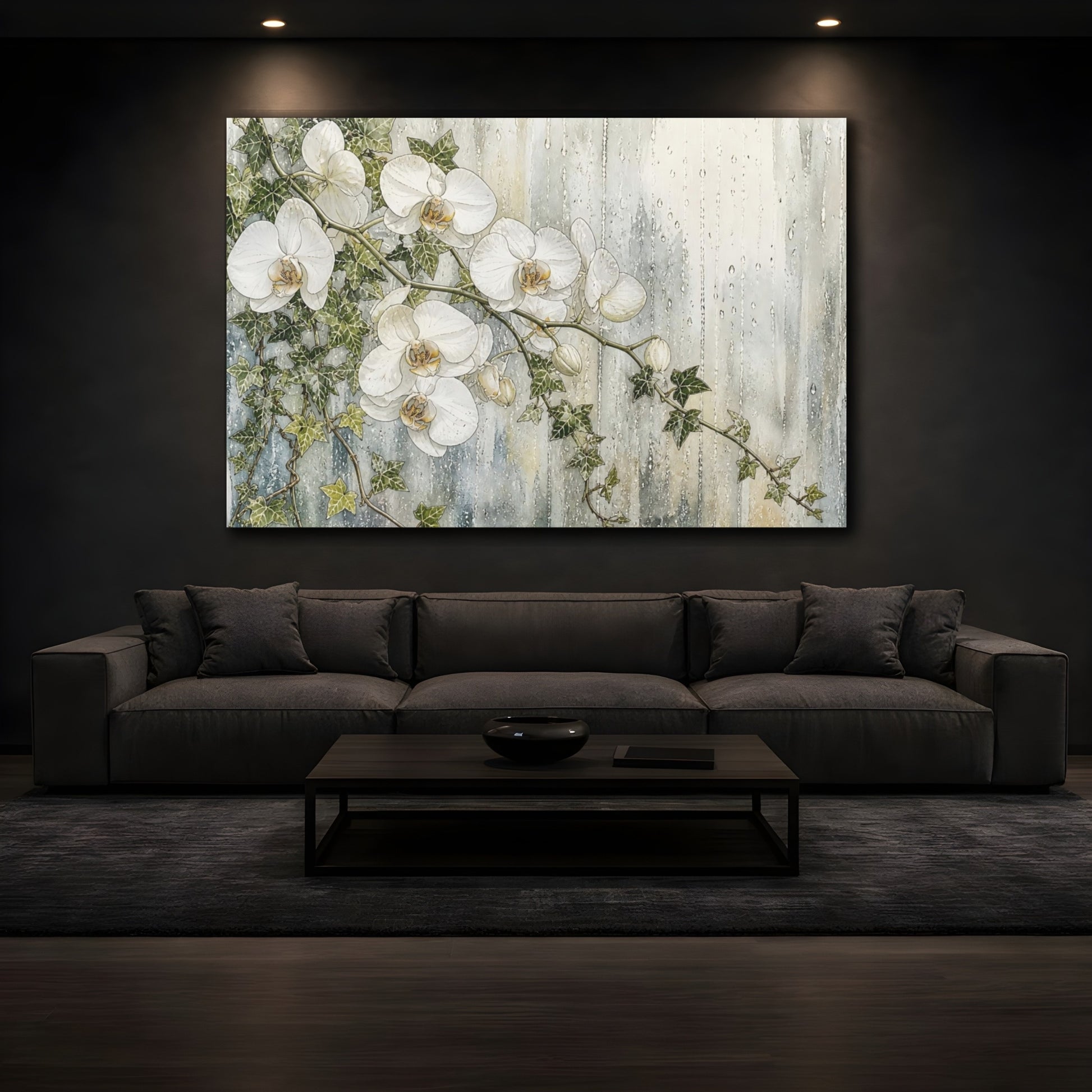 Mockup 3. Floral White Orchids White And Green shown as stretched canvas wall art