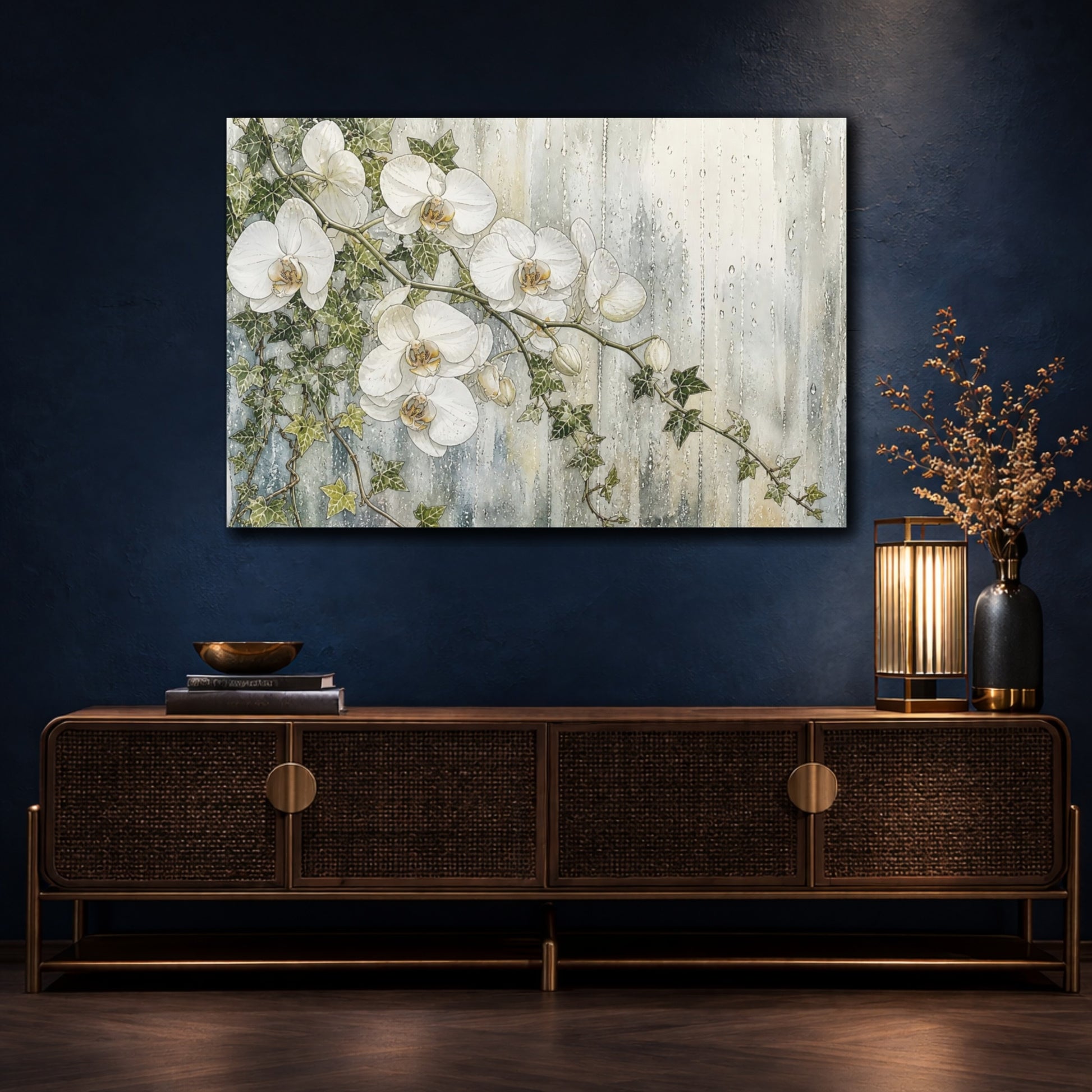 Mockup 4. Floral White Orchids White And Green shown as stretched canvas wall art