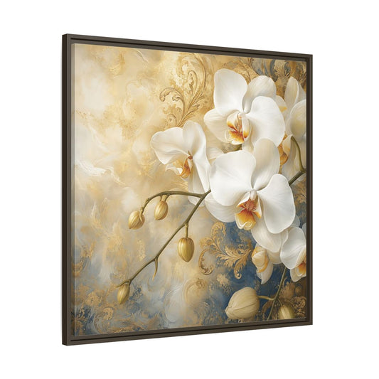 Main Mockup. Floral White Orchids White Gold Blue Floral shown as stretched canvas wall art