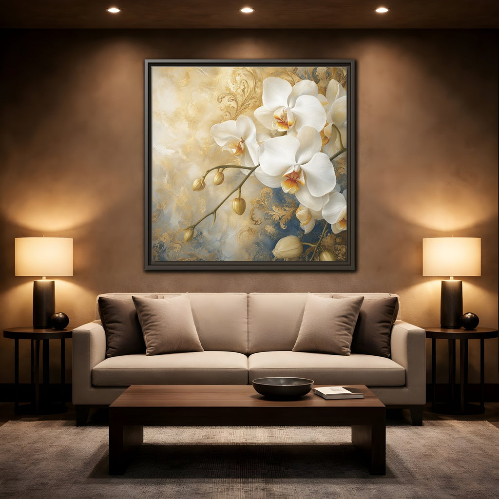 Mockup 2. Floral White Orchids White Gold Blue Floral shown as stretched canvas wall art