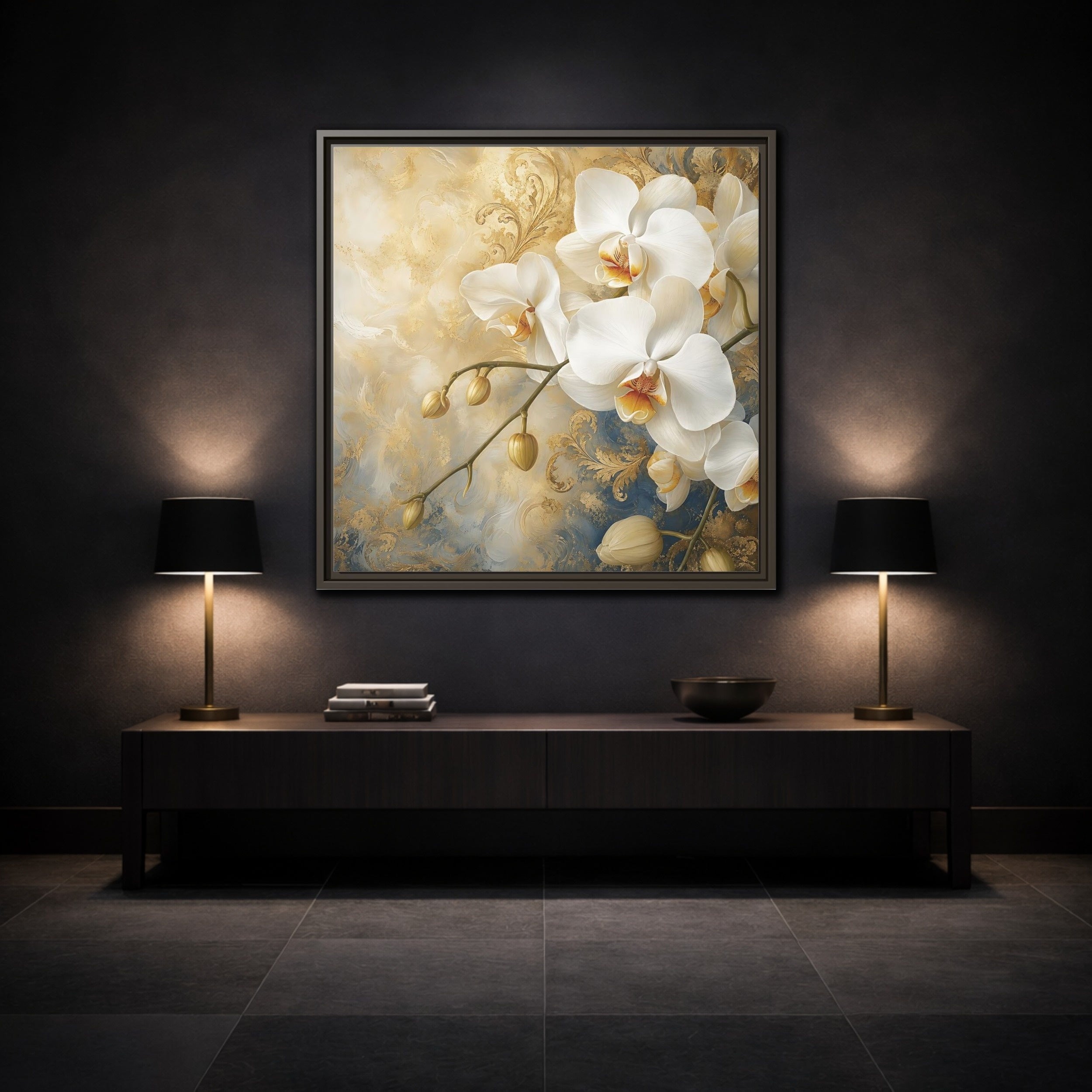 Mockup 3. Floral White Orchids White Gold Blue Floral shown as stretched canvas wall art