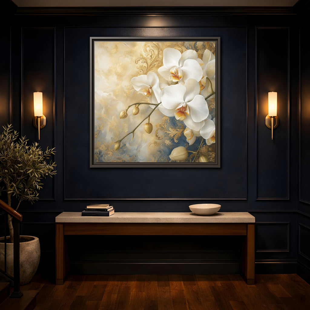 Mockup 4. Floral White Orchids White Gold Blue Floral shown as stretched canvas wall art