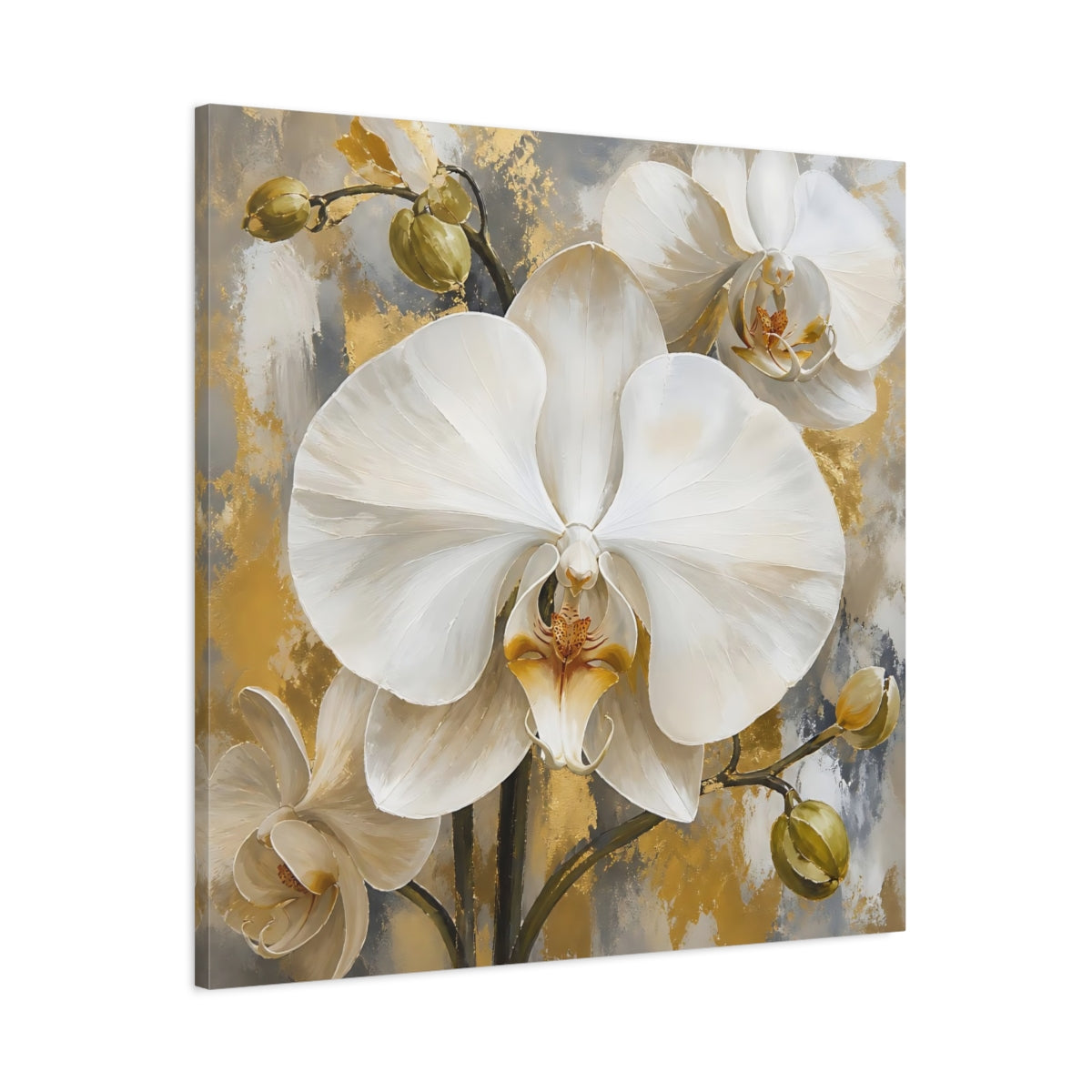 Main Mockup. Floral White Orchids White Gold Orchids shown as stretched canvas wall art