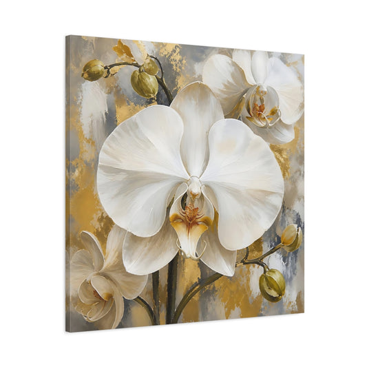 Main Mockup. Floral White Orchids White Gold Orchids shown as stretched canvas wall art