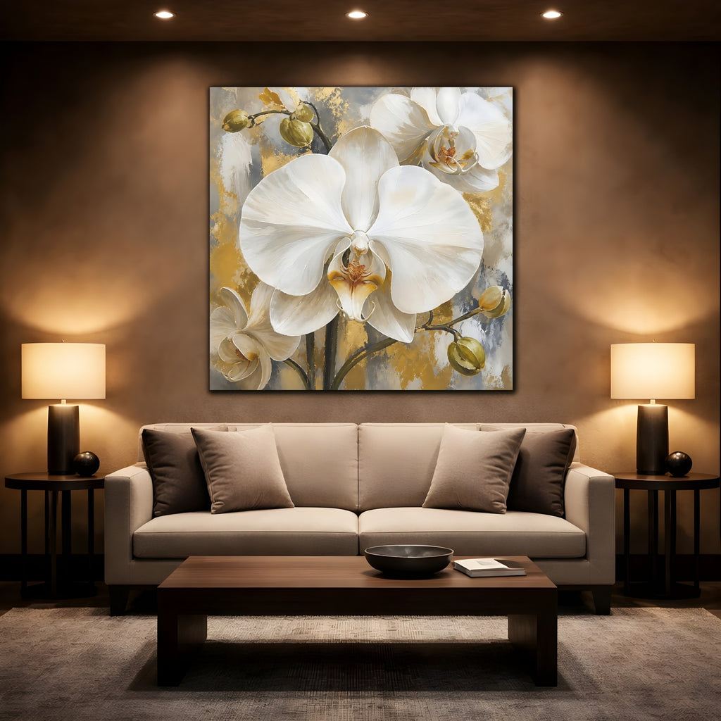 Mockup 2. Floral White Orchids White Gold Orchids shown as stretched canvas wall art