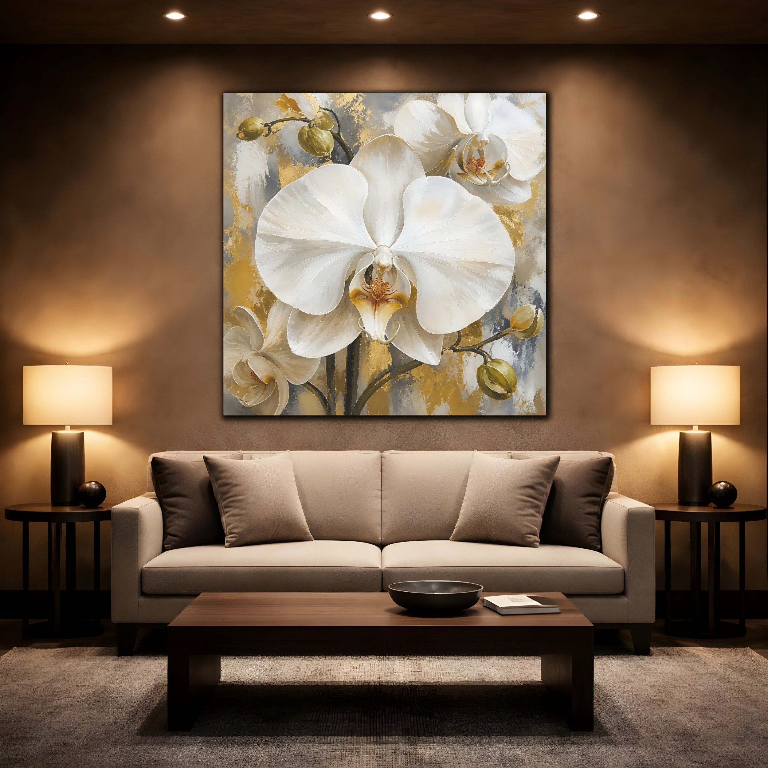 Mockup 2. Floral White Orchids White Gold Orchids shown as stretched canvas wall art