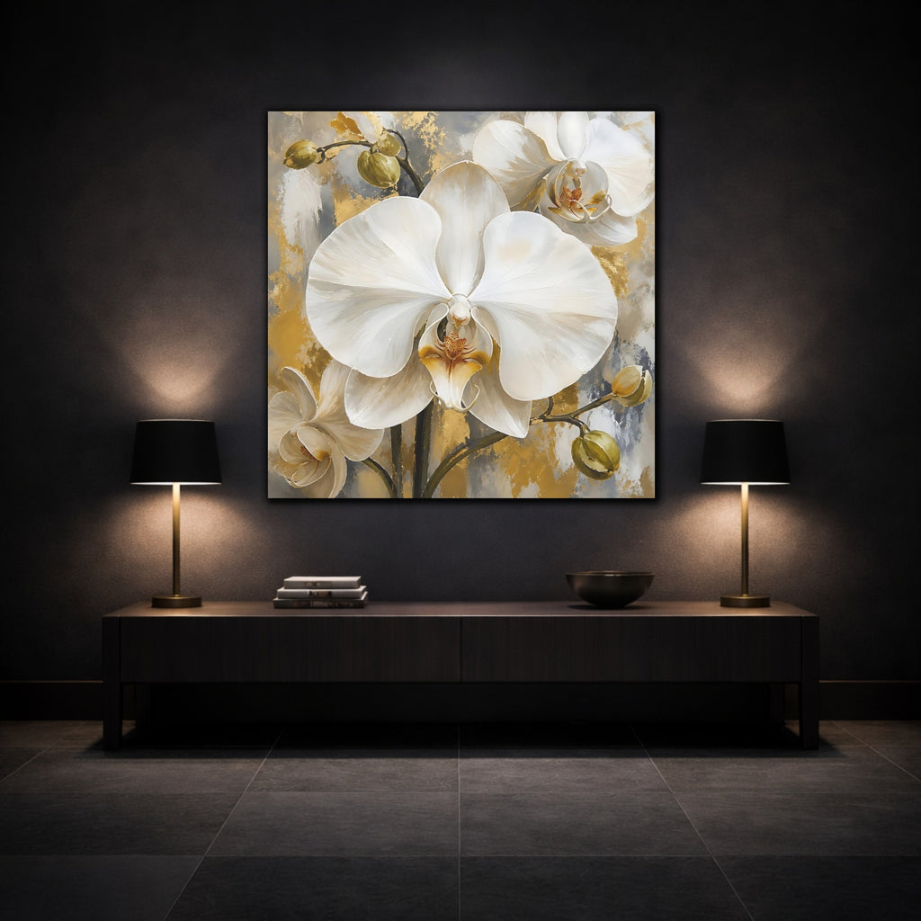 Mockup 3. Floral White Orchids White Gold Orchids shown as stretched canvas wall art